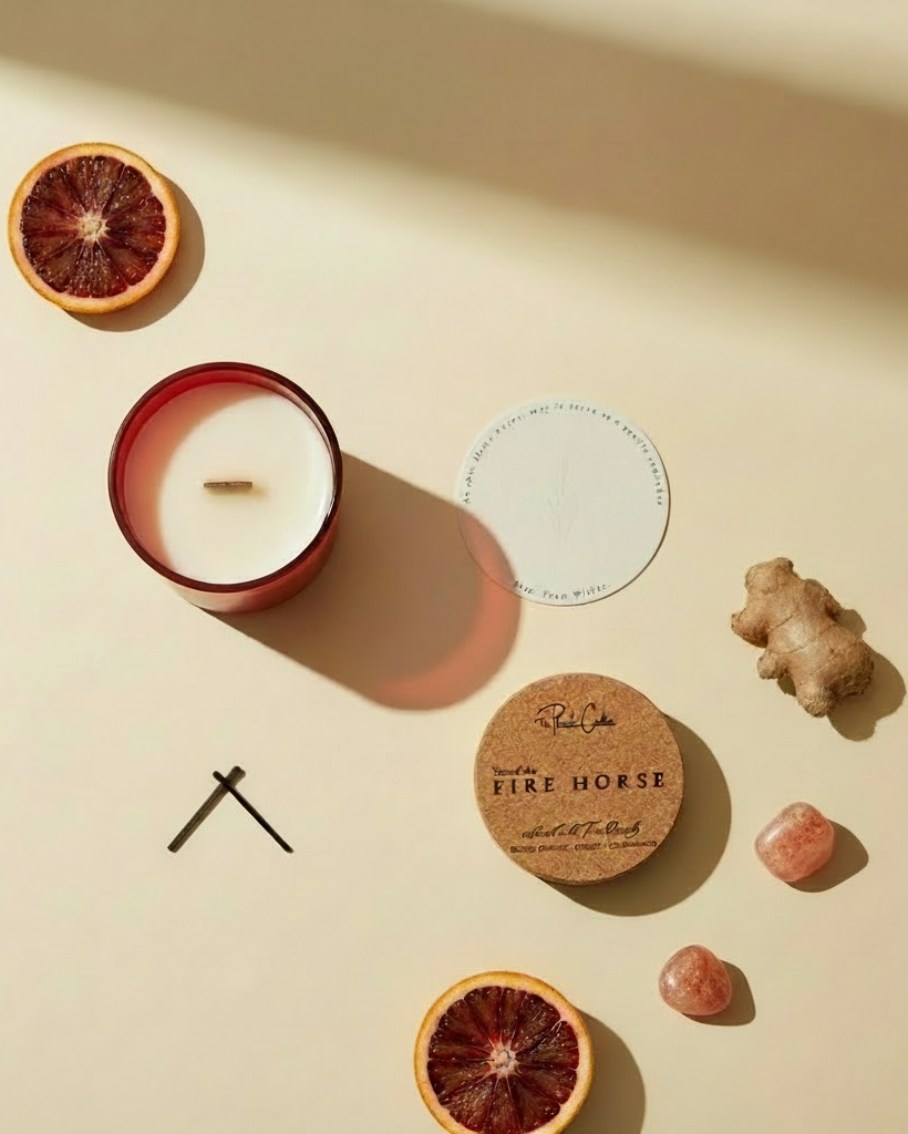 Candles, open matte red vessel with wooden wick centered, cork lid laser-engraved "Year of the Fire Horse – Infused with Fire Opal, Blood Orange, Ginger, Cedarwood" placed to the lower right, with halved blood oranges, a fresh ginger root, scattered Fire Opal gemstone chips, black match sticks, and a round branded card reading "Rise. From Within." arranged on a warm cream surface in dramatic natural light and shadow.