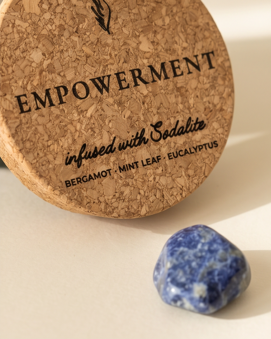 Close-up detail of the Empowerment candle cork lid by The Phoenix Candles, laser-engraved with "Empowerment – Infused with Sodalite, Bergamot, Mint Leaf, Eucalyptus," leaning upright on a warm cream surface with a polished deep blue and white Sodalite tumbled crystal resting beside it in warm natural light.