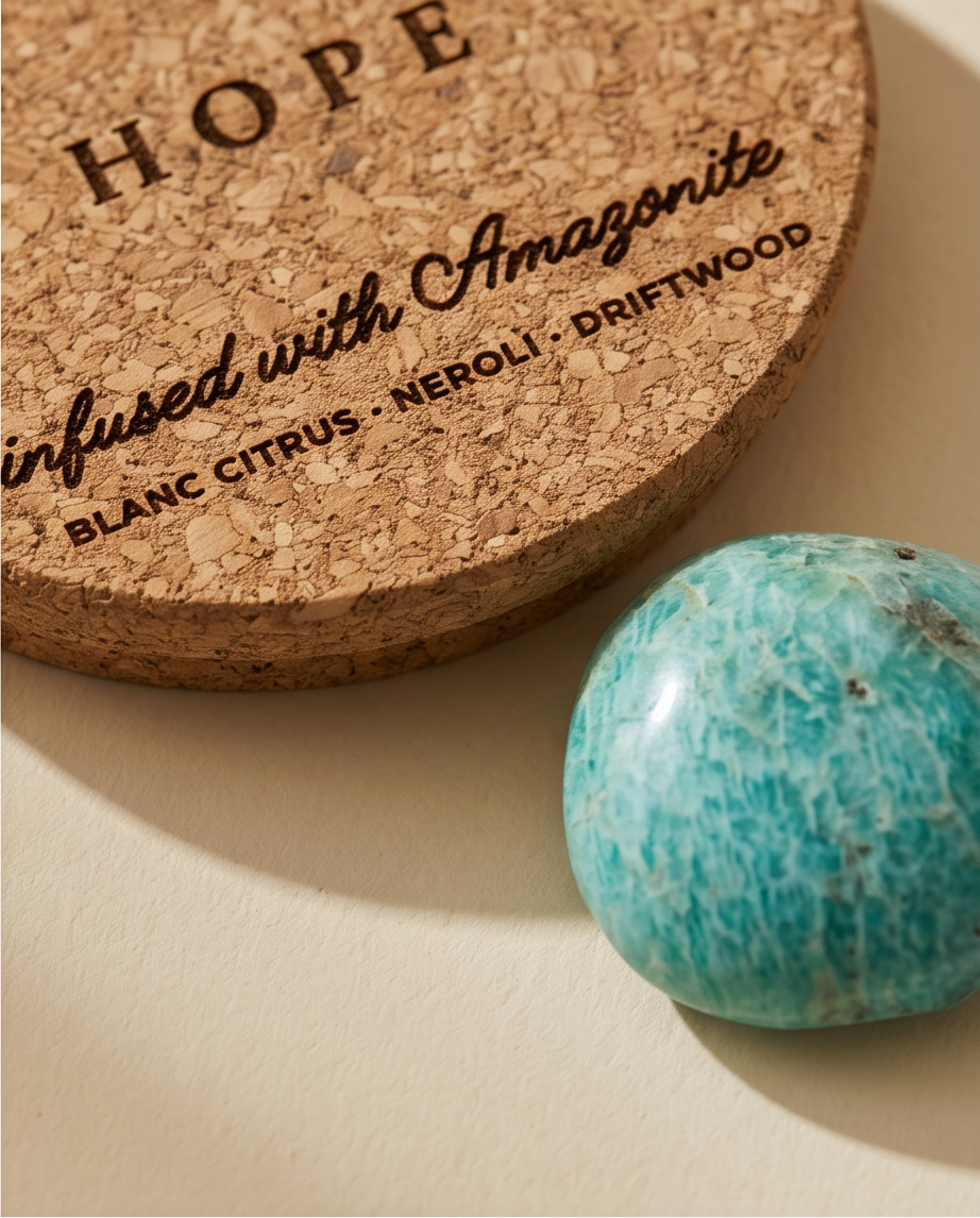 Close-up detail of the Hope candle cork lid by The Phoenix Candles, laser-engraved with "Hope – Infused with Amazonite, Blanc Citrus, Neroli, Driftwood," with a polished teal and white Amazonite tumbled crystal resting beside it on a warm cream surface in natural light.
