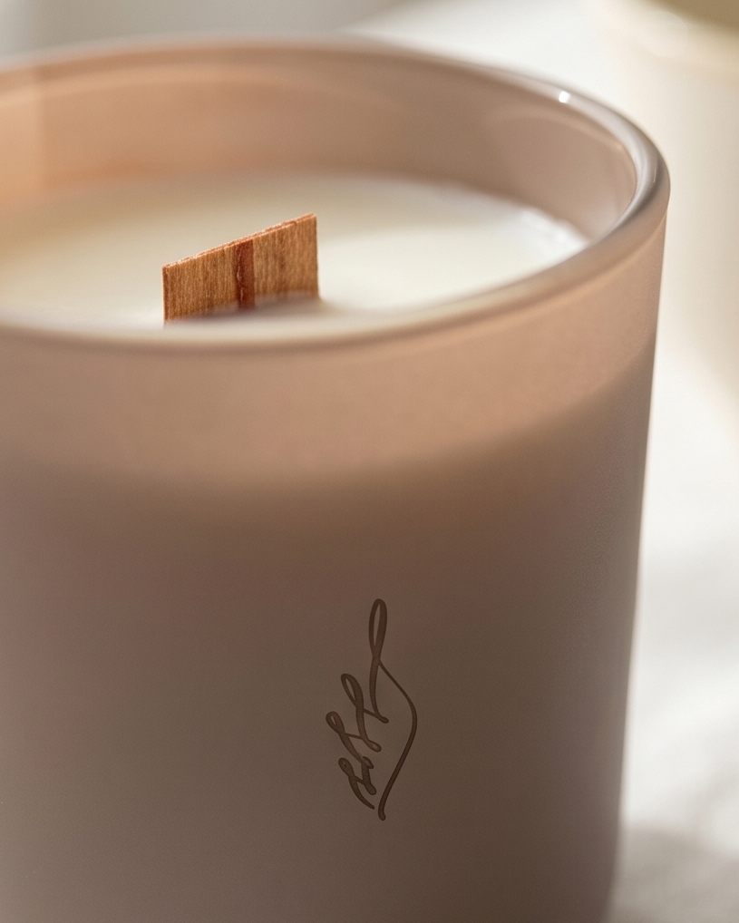 Close-up detail of the Nurture crystal-infused soy candle by The Phoenix Candles, showing the laser-engraved brand flame logo centered on the matte blush reusable glass vessel with an FSC-certified wooden wick and smooth ivory soy wax surface visible above, in warm natural light.