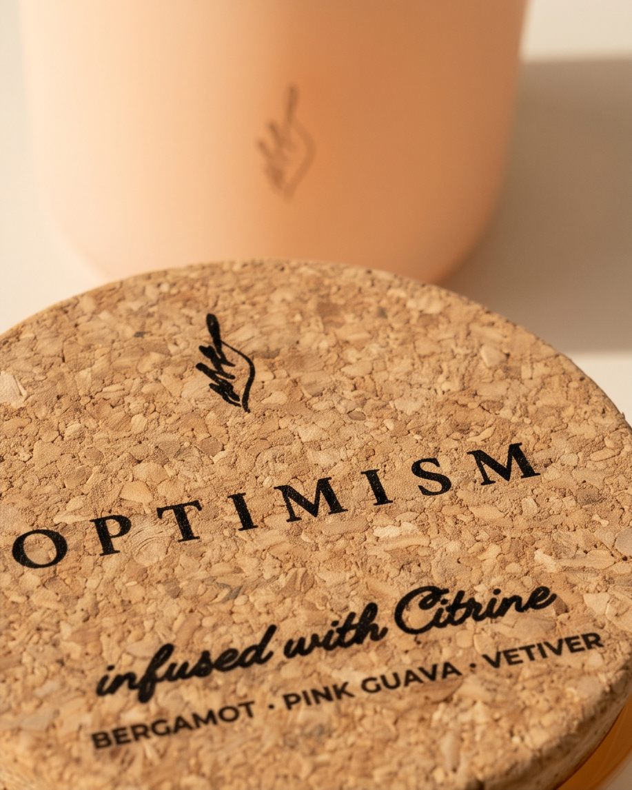 Close-up detail of the Optimism candle cork lid by The Phoenix Candles, laser-engraved with "Optimism – Infused with Citrine, Bergamot, Pink Guava, Vetiver," with the matte peach vessel and its laser-engraved brand flame logo softly blurred in the background in warm natural light.