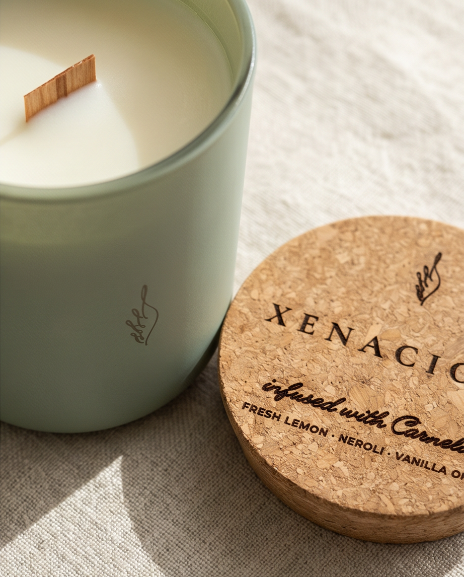 Close-up detail of the Xenacious crystal-infused soy candle by The Phoenix Candles, showing the matte sage green vessel with laser-engraved brand logo and FSC-certified wooden wick alongside the cork lid laser-engraved with "Xenacious – Infused with Carnelian, Fresh Lemon, Neroli, Vanilla Oak," resting on a textured linen surface in natural light.