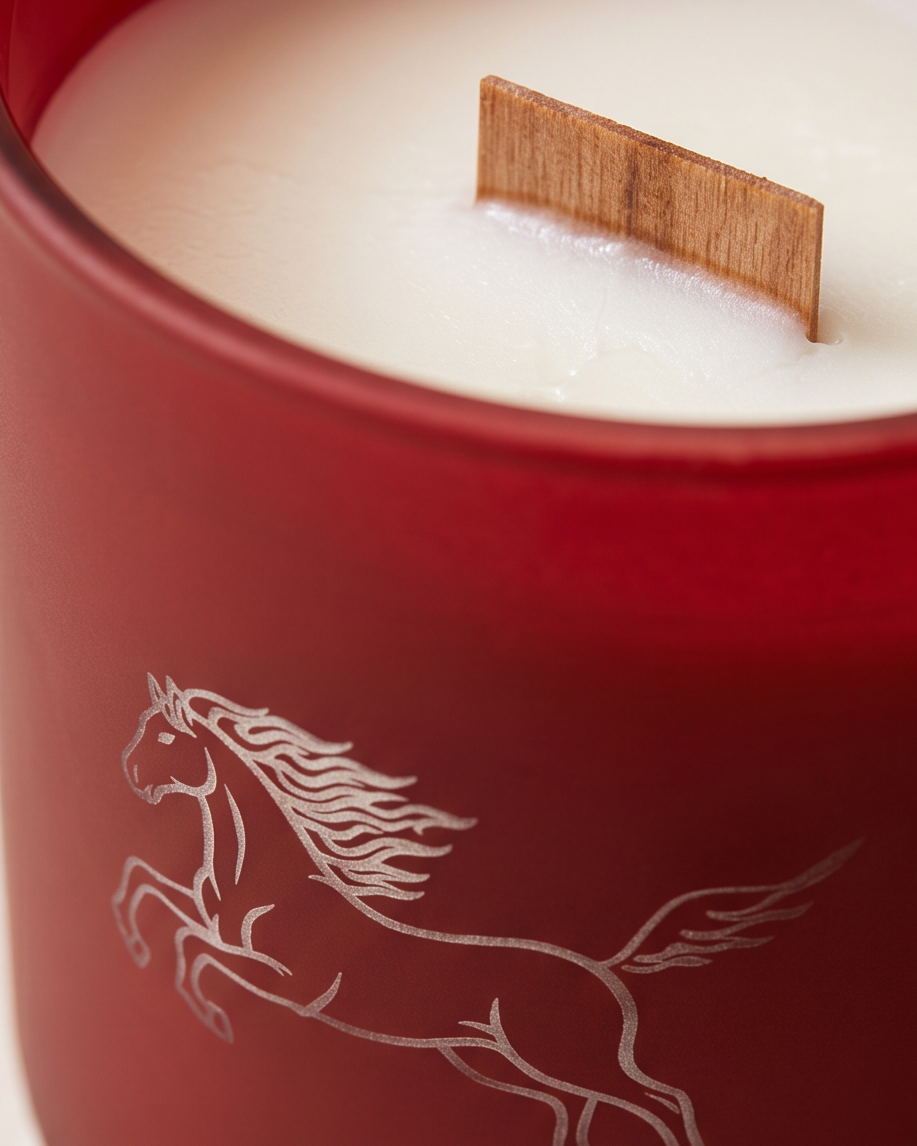 Close-up detail of the Year of the Fire Horse limited-edition soy candle by The Phoenix Candles, showing the laser-engraved rearing horse illustration with flowing mane on the deep matte red glass vessel, with an FSC-certified wooden wick rising from a smooth ivory soy wax surface above.