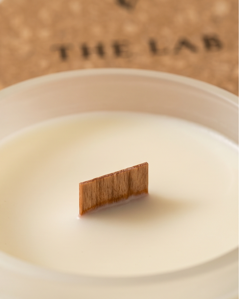 Close-up of an FSC-certified wooden wick centered in the ivory soy wax of The Lab Pomelo and Purple Basil candle by The Phoenix Candles, with the frosted clear glass vessel rim visible and the cork lid engraved with "The Lab" softly blurred in the background.