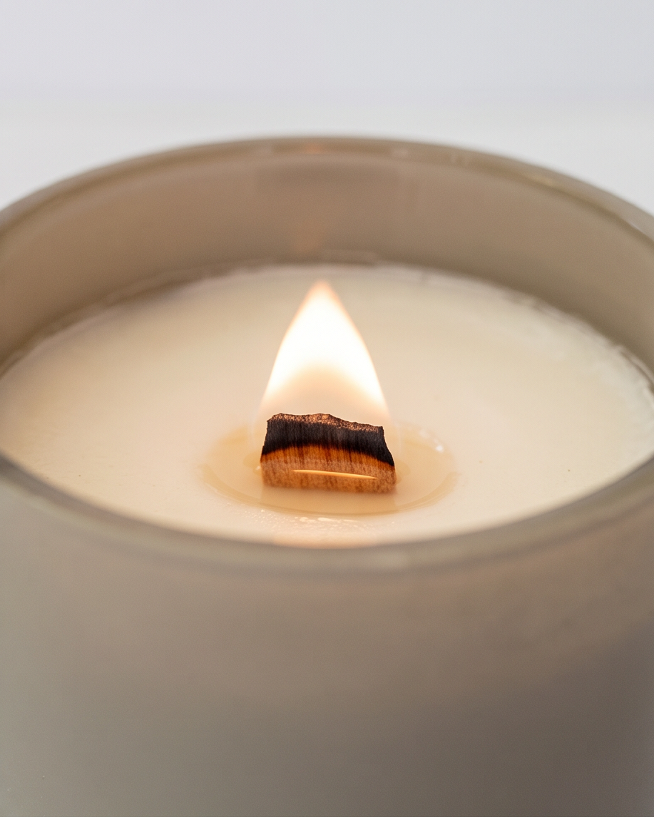 Close-up of the Intuition crystal-infused soy candle by The Phoenix Candles burning inside the matte stonewashed grey vessel, showing a glowing wooden wick flame above a warm liquid wax pool, with the matte grey glass rim framing the composition against a clean white background.