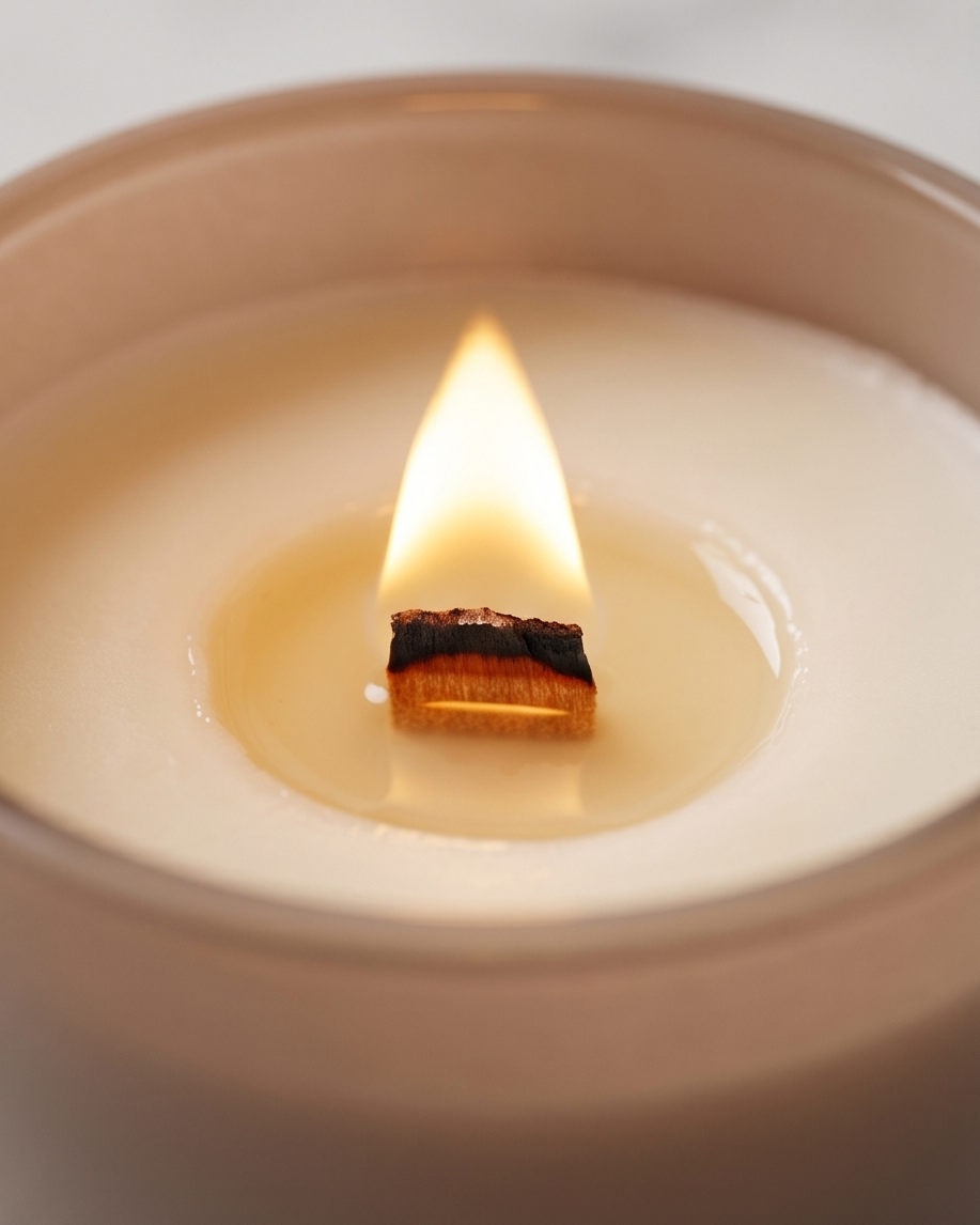Close-up of the Nurture crystal-infused soy candle by The Phoenix Candles burning inside the matte blush vessel, showing a glowing triangular wooden wick flame above a warm liquid wax pool with the charred wick tip clearly visible, matte blush glass rim framing the composition against a soft white background.