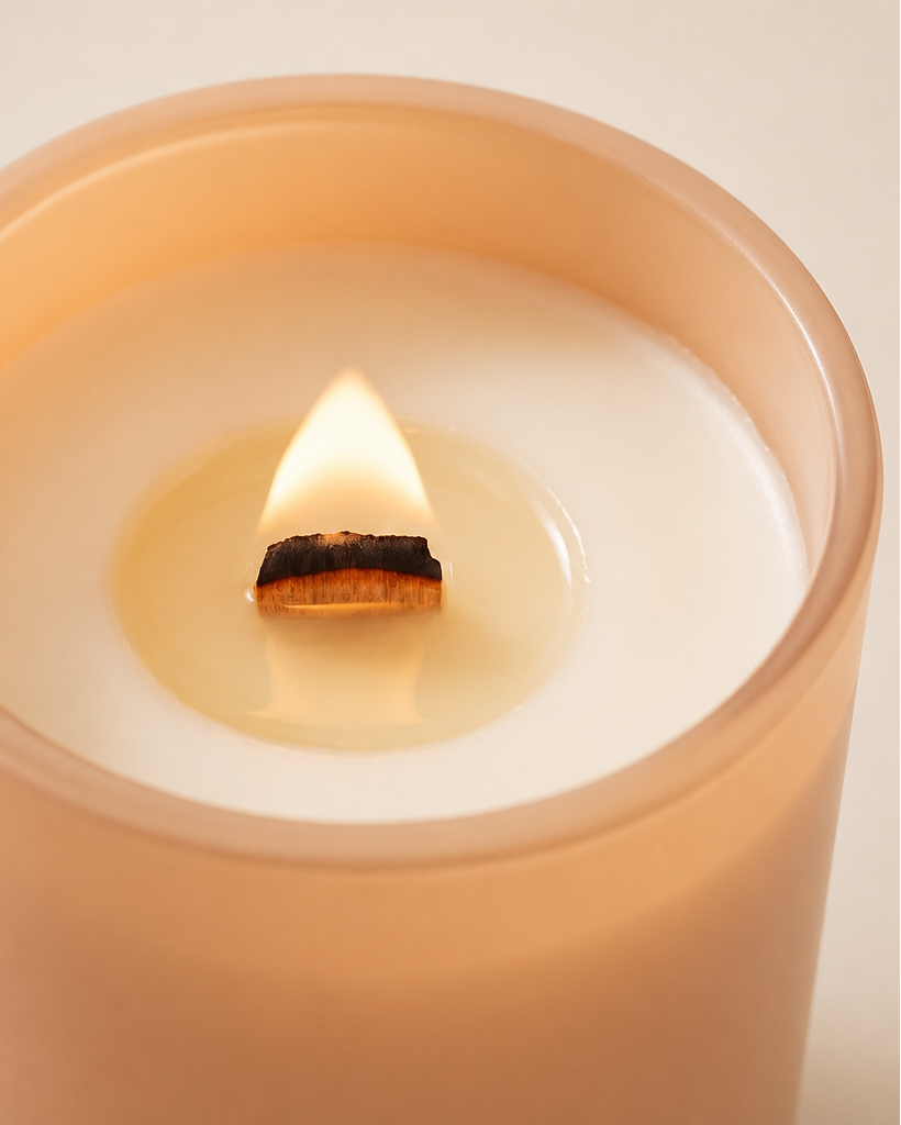 Close-up of the Optimism crystal-infused soy candle by The Phoenix Candles burning inside the matte peach vessel, showing a glowing triangular wooden wick flame above a warm liquid wax pool with the charred wick tip clearly visible, the matte peach glass rim and vessel wall suffused with warm golden light from the flame.