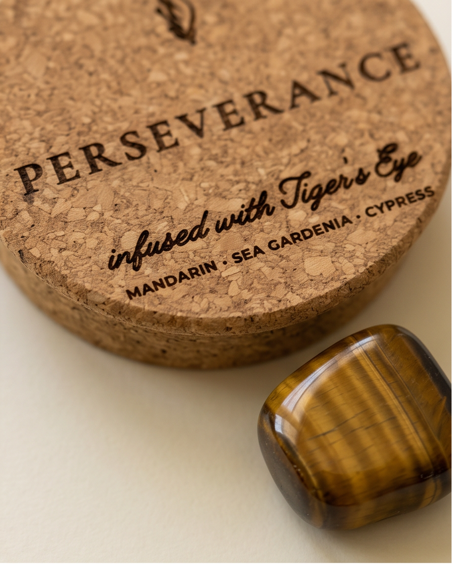 Close-up of the Perseverance candle cork lid by The Phoenix Candles, laser-engraved with "Perseverance – Infused with Tiger's Eye, Mandarin, Sea Gardenia, Cypress," with a polished Tiger's Eye tumbled crystal resting beside it on a cream surface.