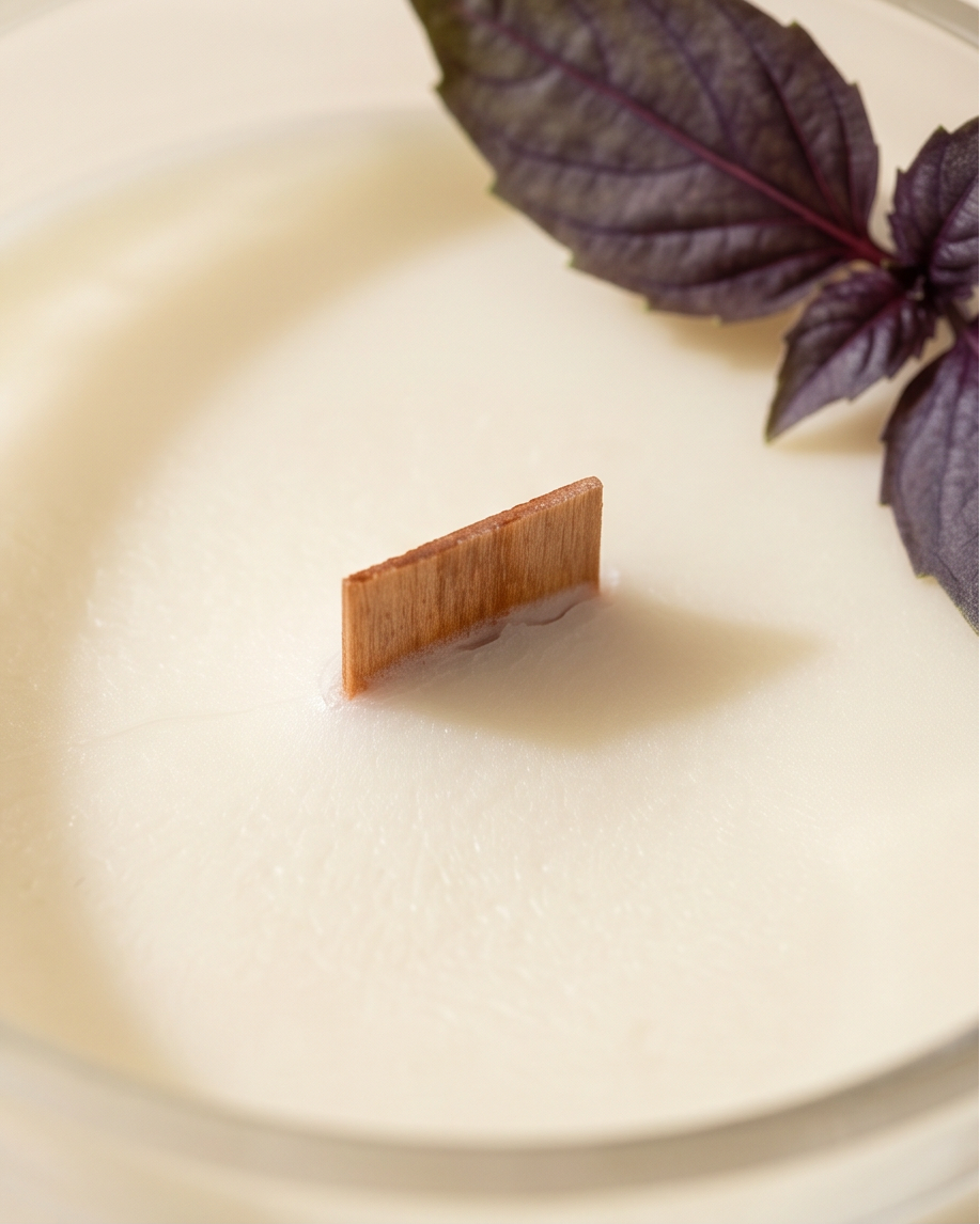 Close-up overhead view into The Lab Pomelo and Purple Basil soy candle by The Phoenix Candles, showing an FSC-certified wooden wick centered in a smooth ivory wax surface inside a frosted clear vessel, with fresh purple basil leaves resting on the vessel rim in the upper right corner.