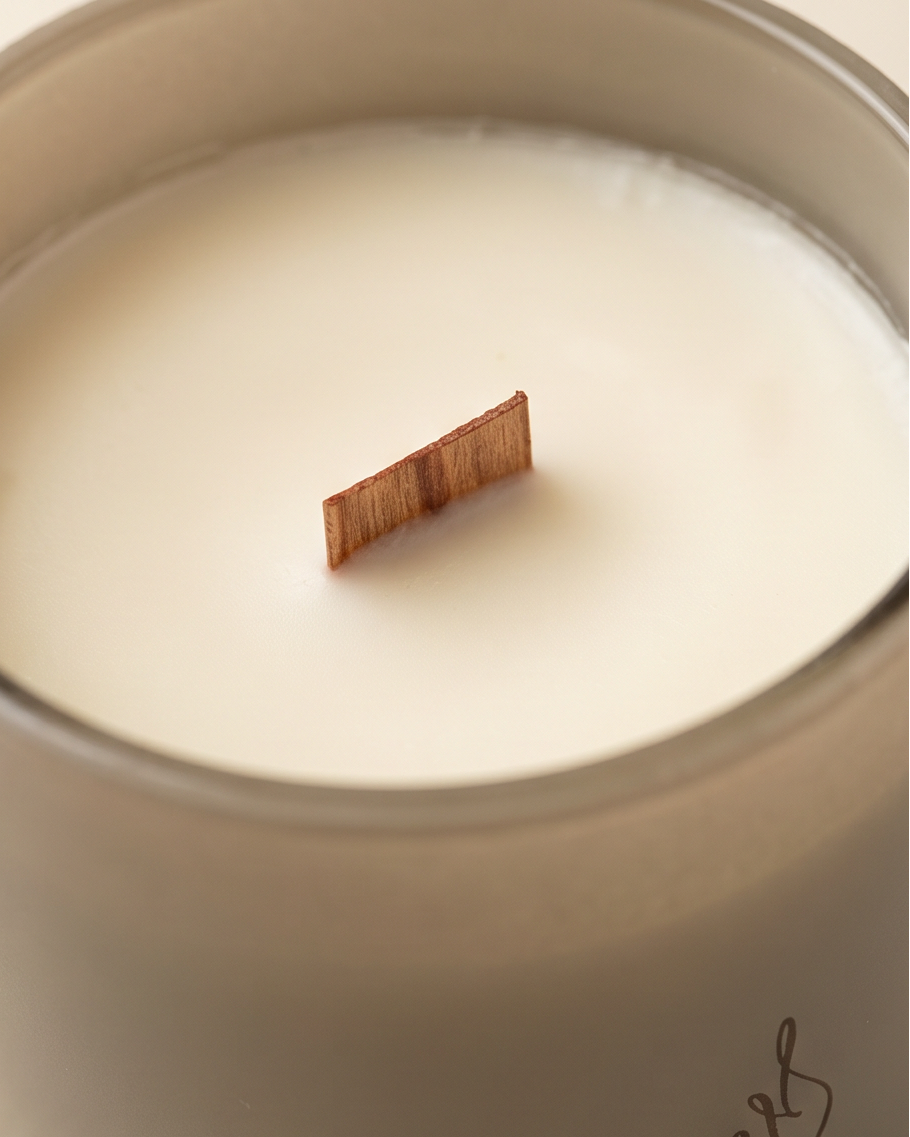 Close-up overhead view into the Intuition crystal-infused soy candle by The Phoenix Candles, showing an FSC-certified wooden wick rising from a smooth ivory soy wax surface inside the matte stonewashed grey vessel, with the laser-engraved brand flame logo partially visible on the lower right of the vessel, on a warm cream background.