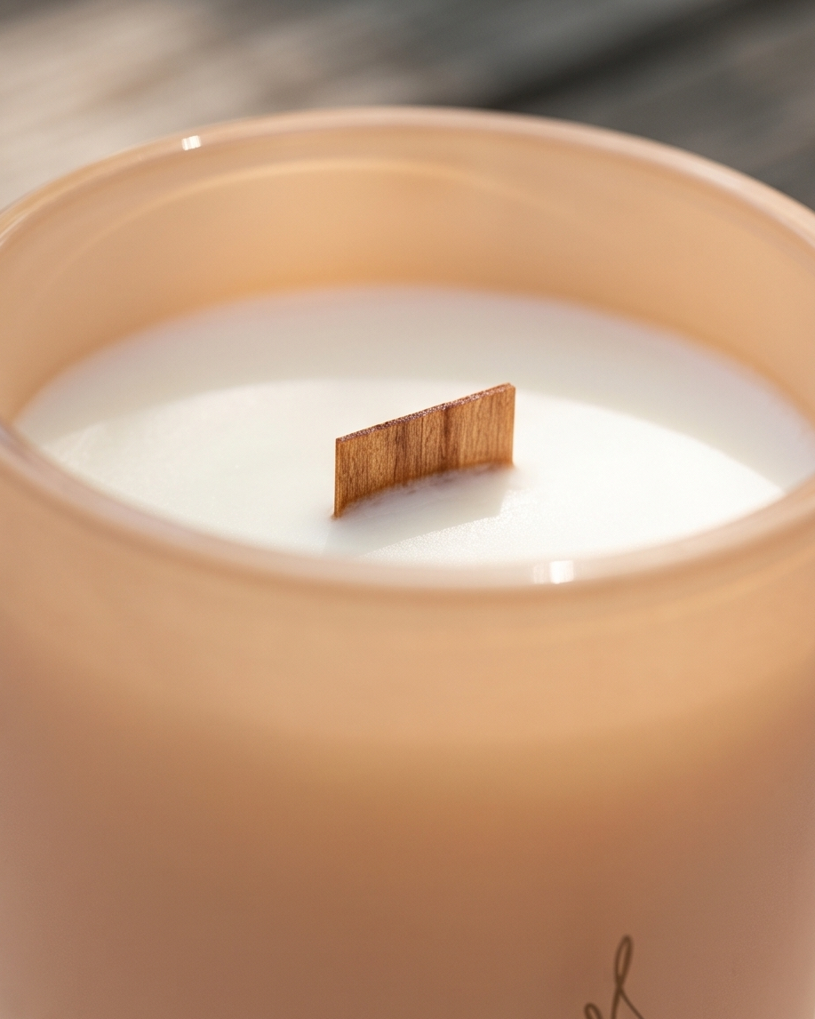 Close-up overhead view into the Optimism crystal-infused soy candle by The Phoenix Candles, showing an FSC-certified wooden wick centered in a smooth ivory soy wax surface inside the matte peach reusable glass vessel, with the laser-engraved brand flame logo partially visible at the lower right rim, against a softly blurred dark background.