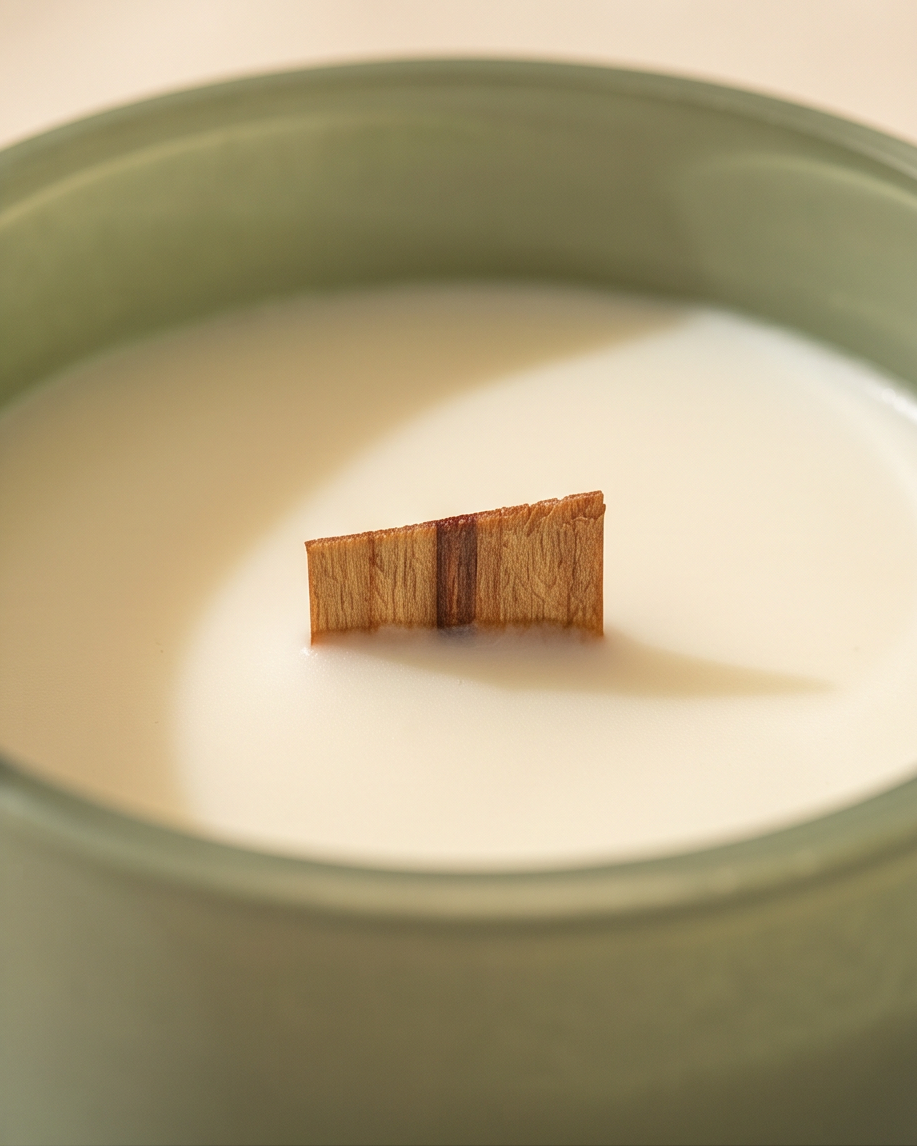 Close-up overhead view into the Xenacious crystal-infused soy candle by The Phoenix Candles, showing an FSC-certified wooden wick centered in a smooth ivory soy wax surface inside the matte sage green reusable glass vessel, with the vessel rim framing the composition on a warm neutral background.