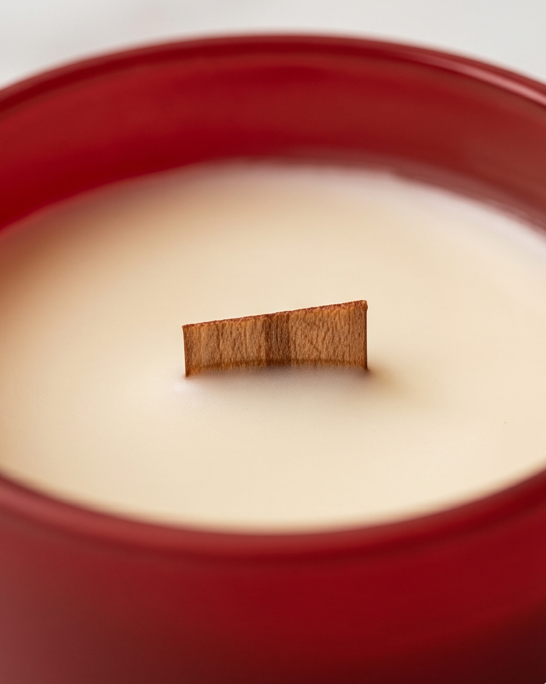 Close-up overhead view into the Year of the Fire Horse limited-edition soy candle by The Phoenix Candles, showing an FSC-certified wooden wick centered in a smooth ivory soy wax surface, framed by the deep matte red reusable glass vessel rim against a clean white background.