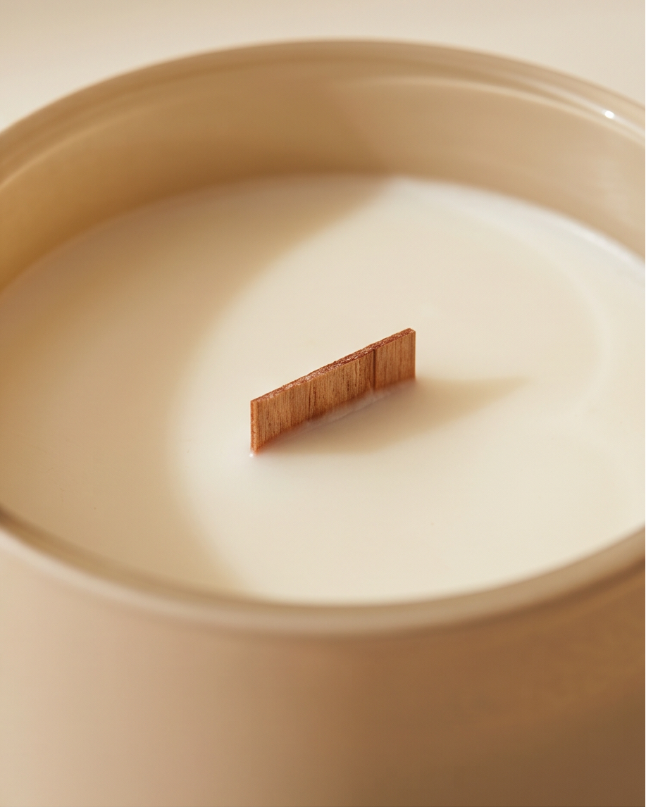 Close-up overhead view of the Perseverance soy candle by The Phoenix Candles, showing smooth ivory soy wax and a centered FSC-certified wooden wick inside a matte cream glass vessel.