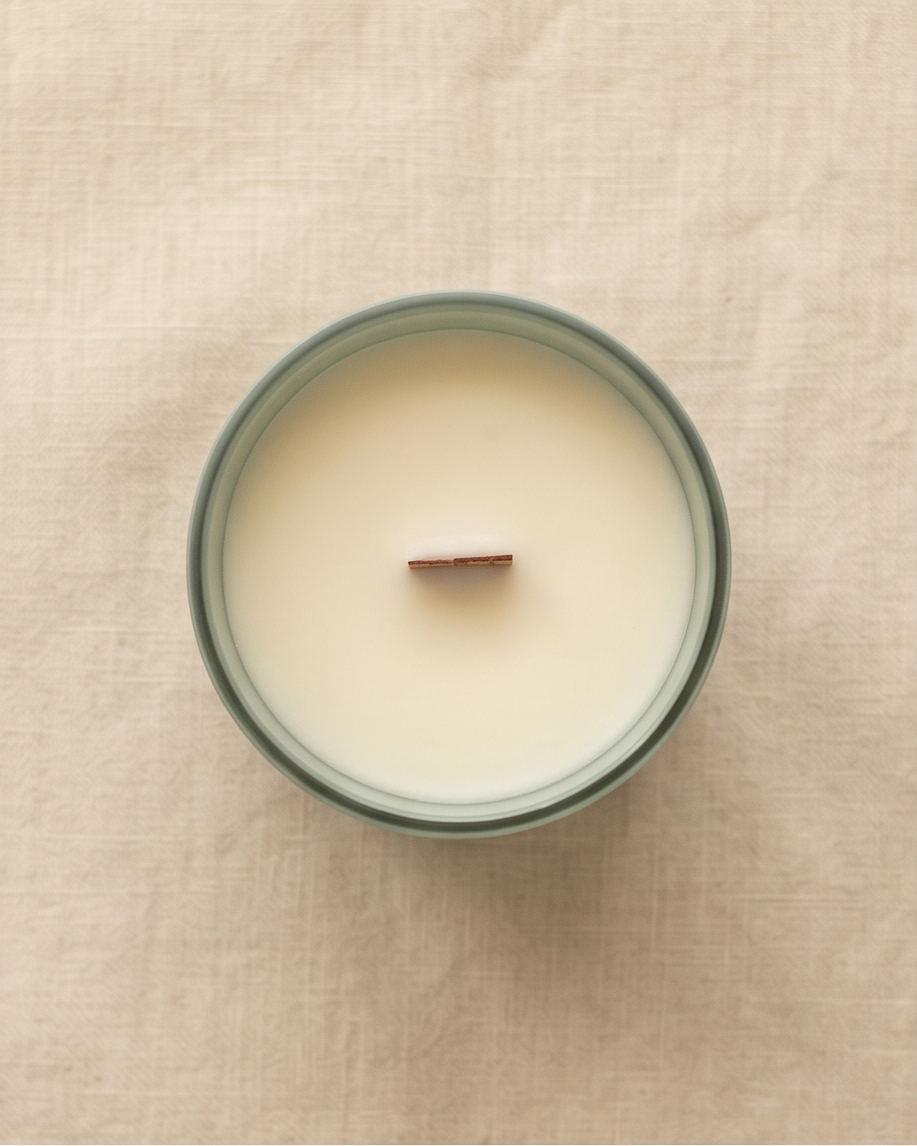 Directly overhead view of the Empowerment crystal-infused soy candle by The Phoenix Candles, looking down into the open matte cloud blue vessel revealing a smooth ivory soy wax pour with an FSC-certified wooden wick, on a natural woven linen textile background.