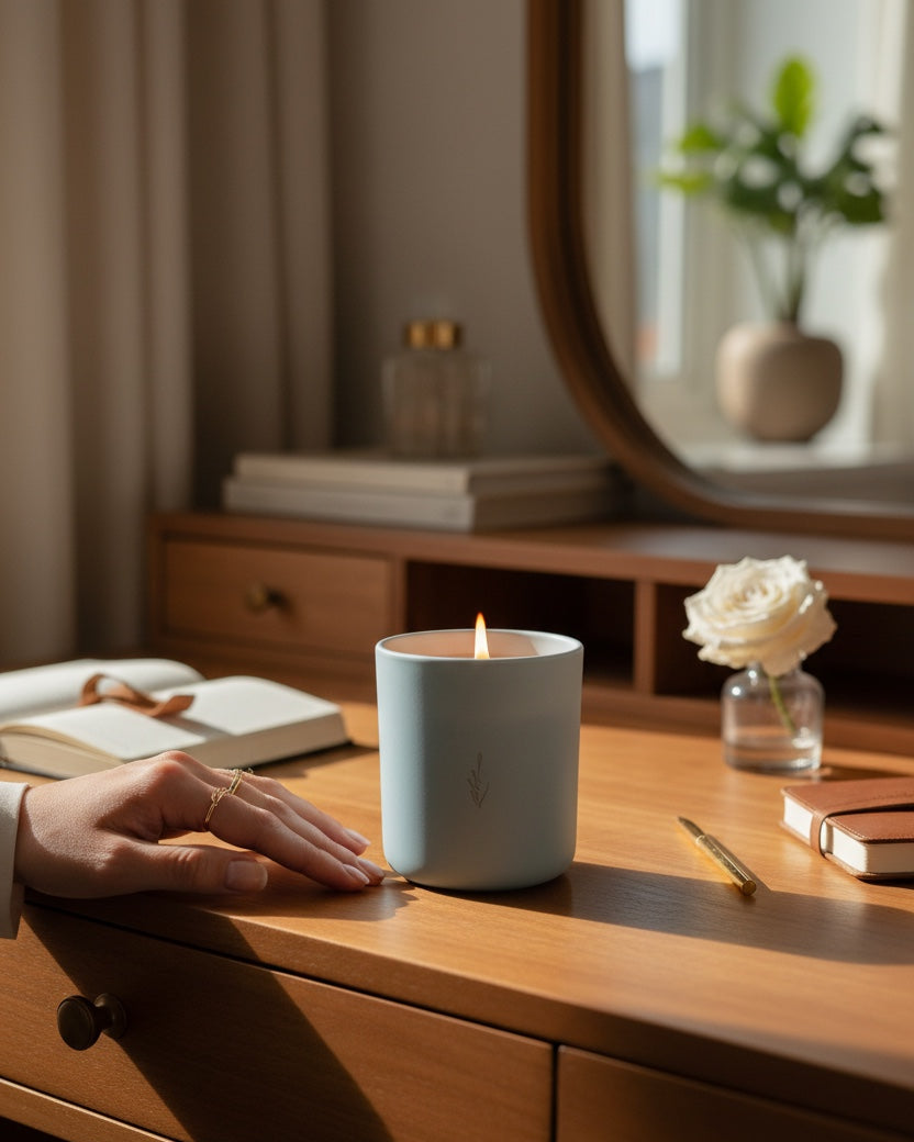 Lit Perseverance aromachology soy candle on a bedside table beside a journal and cozy blanket at night
