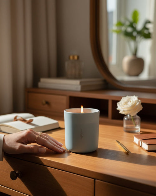 Lit Perseverance aromachology soy candle on a bedside table beside a journal and cozy blanket at night