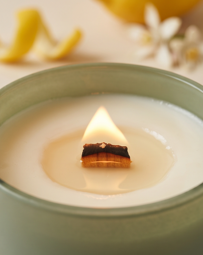 Extreme close-up of the Xenacious crystal-infused soy candle by The Phoenix Candles burning inside the matte sage green vessel, showing a glowing wooden wick flame above a warm wax pool, with a curled lemon peel and white neroli blossoms softly blurred in the background.