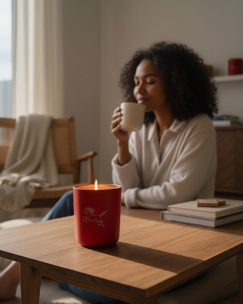 Woman relaxing at home with a lit Year of the Fire Horse aromachology soy candle by The Phoenix Candles