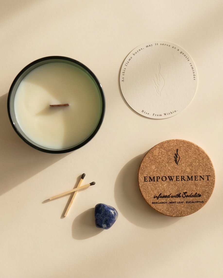 Flat lay of the Empowerment crystal-infused soy candle by The Phoenix Candles, featuring an open matte cloud blue vessel with wooden wick, cork lid laser-engraved with "Empowerment – Infused with Sodalite, Bergamot, Mint Leaf, Eucalyptus," a tumbled deep blue Sodalite crystal, two crossed wooden matches, and a round branded card reading "As this flame burns, may it serve as a gentle reminder. Rise. From Within." on a warm cream surface in natural light.