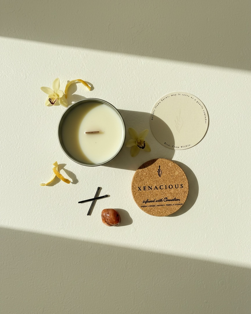 Flat lay of the Xenacious crystal-infused soy candle by The Phoenix Candles, featuring an open matte sage green vessel with wooden wick, cork lid laser-engraved with "Xenacious – Infused with Carnelian, Fresh Lemon, Neroli, Vanilla Oak," a tumbled Carnelian crystal, black match sticks, a round branded card reading "Rise. From Within.," and yellow orchid blooms with citrus peel, on a warm cream surface with dramatic natural light and shadow.