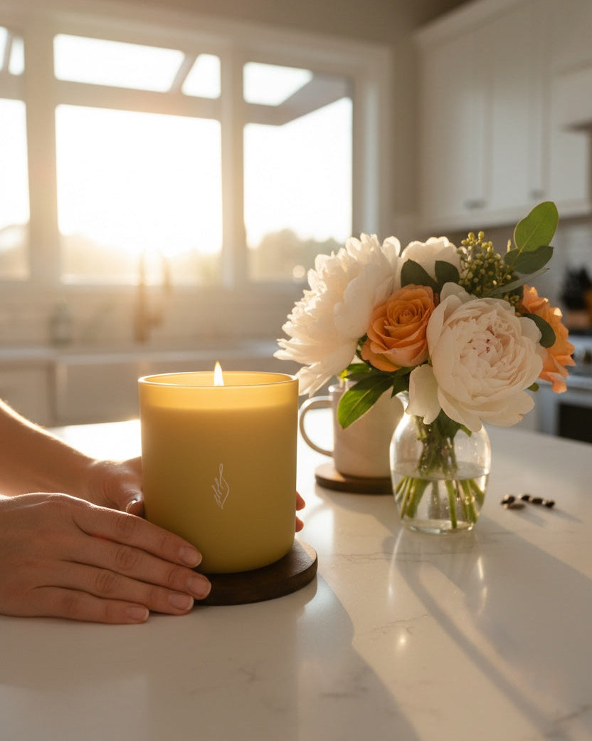 Hands cradling a lit Hope aromachology soy candle in matte yellow vessel on a kitchen counter with flowers