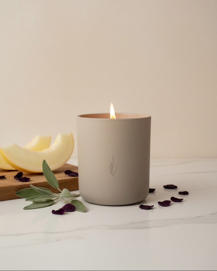 Intuition crystal-infused soy candle by The Phoenix Candles in a matte warm gray vessel with a lit wooden wick, surrounded by sliced honeydew melon, fresh sage leaves, and scattered dried rose petals on white marble.