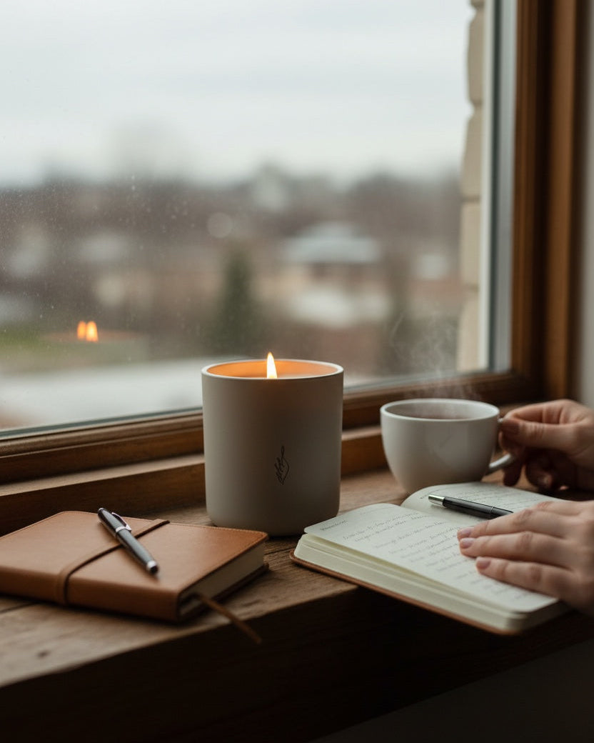 Lit Intuition aromachology soy candle on a windowsill beside a journal and steaming cup of tea