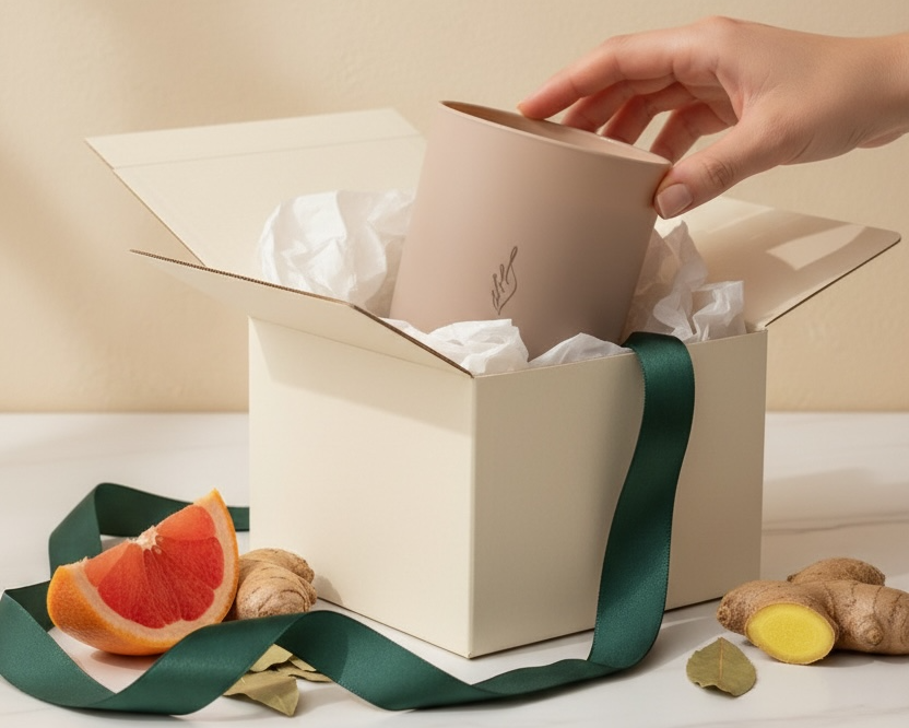 Nurture aromachology candle unboxing — cream gift box with tissue paper, grapefruit and ginger accents — The Phoenix Candles