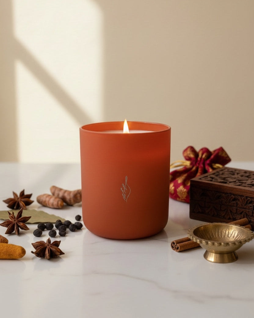 Terracotta-colored candle with a lit wick on a surface with spices and a decorative box.