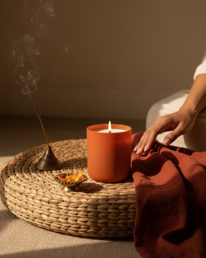 Woman meditating beside a lit Namaste aromachology soy candle in matte clay vessel with incense and marigolds