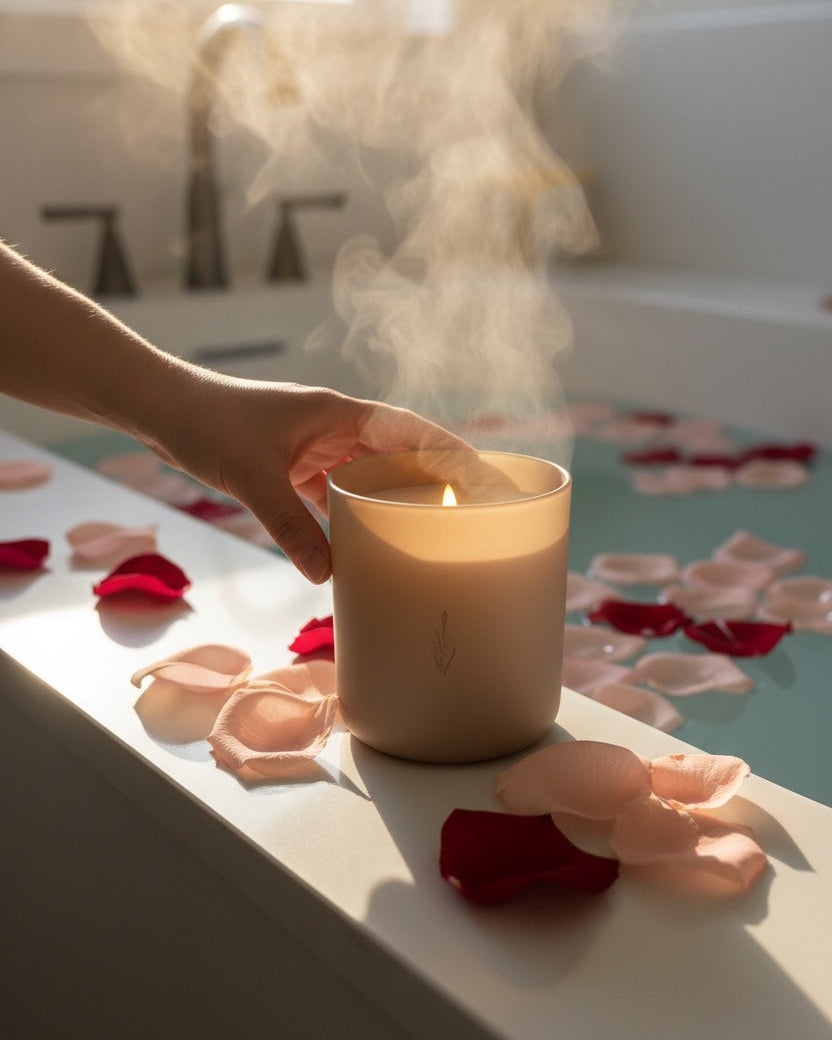 Hand placing a lit Nurture aromachology soy candle on a bathtub rim surrounded by rose petals
