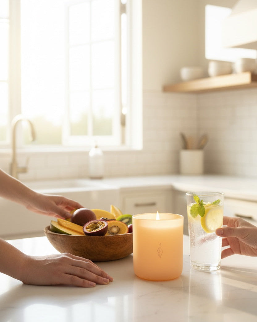 Lit Optimism aromachology soy candle in matte peach vessel on a bright kitchen counter with tropical fruit
