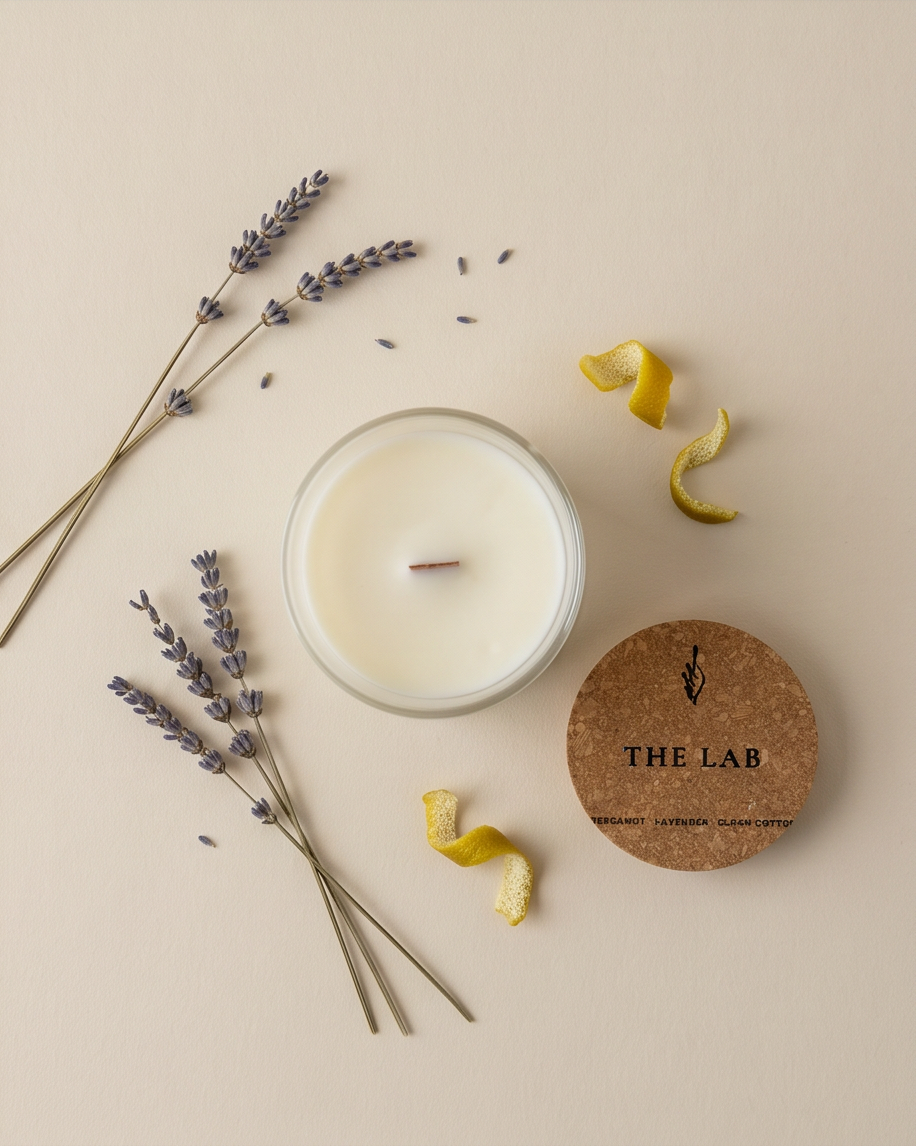 Overhead flat lay of The Lab limited-edition Bergamot, Lavender, and Clean Cotton soy candle by The Phoenix Candles, with an open frosted clear vessel and wooden wick centered, cork lid laser-engraved with "The Lab – Bergamot, Lavender, Clean Cotton" placed to the lower right, and fresh dried lavender stems and curled bergamot peel arranged around it on a warm cream background.