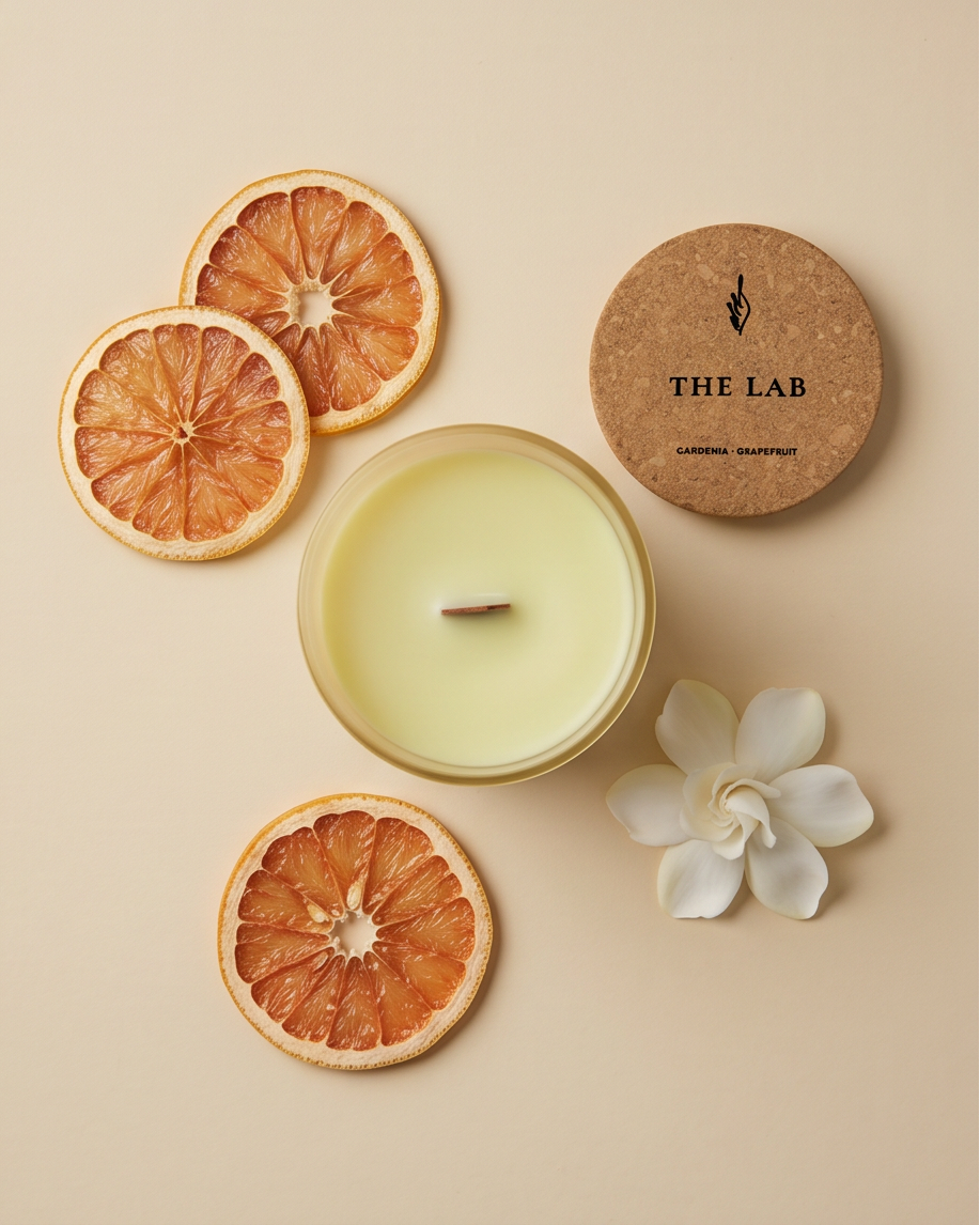 Overhead flat lay of The Lab limited-edition Gardenia and Grapefruit soy candle by The Phoenix Candles, with the open frosted clear vessel and wooden wick centered, cork lid laser-engraved with "The Lab – Gardenia, Grapefruit" placed to the upper right, and dried grapefruit slices and a fresh white gardenia bloom arranged around it on a warm cream background.