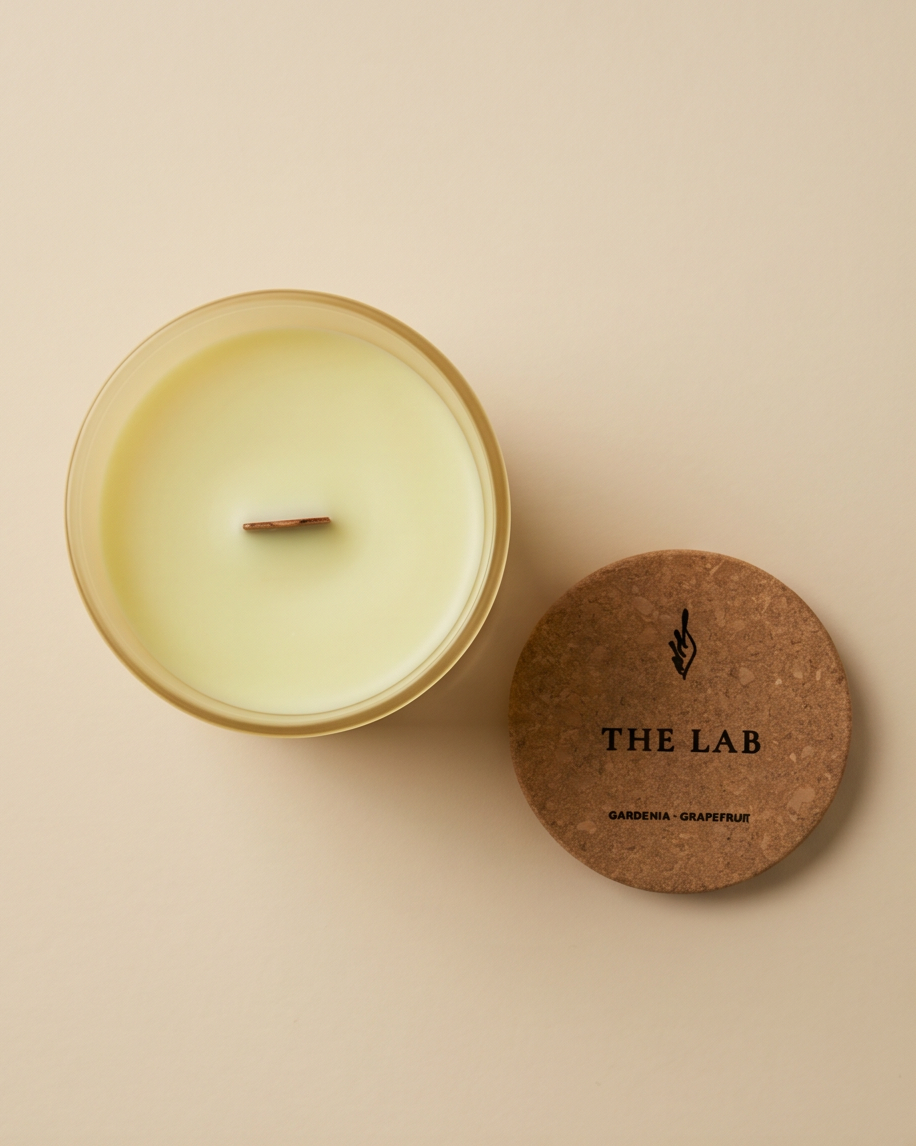 Overhead flat lay of The Lab limited-edition Gardenia and Grapefruit soy candle by The Phoenix Candles, showing the open frosted clear vessel with a smooth ivory wax pour and FSC-certified wooden wick, cork lid laser-engraved with "The Lab – Gardenia, Grapefruit" placed beside it on a warm cream background.