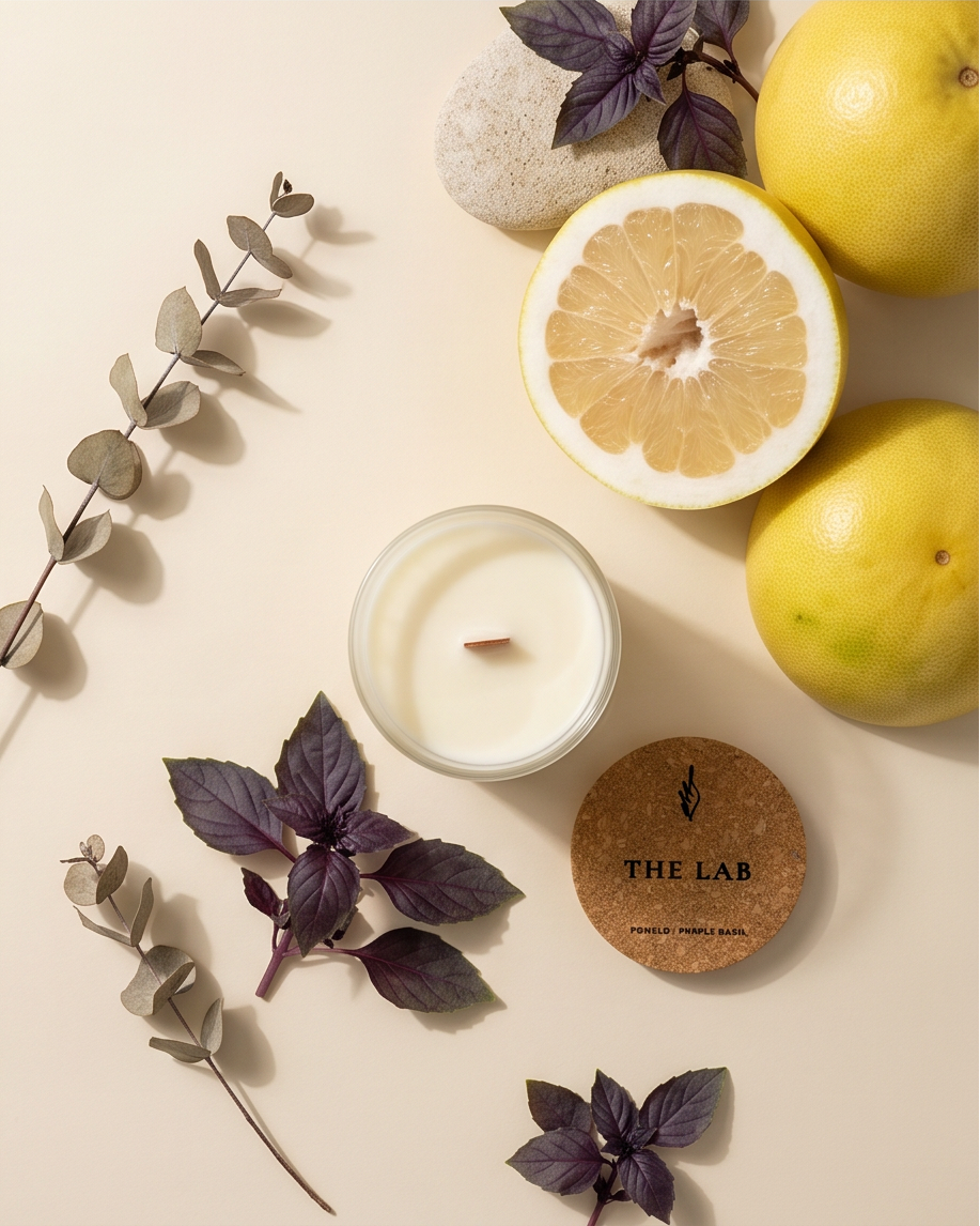 Overhead flat lay of The Lab limited-edition Pomelo and Purple Basil soy candle by The Phoenix Candles, with an open frosted clear vessel and wooden wick centered, cork lid laser-engraved with "The Lab – Pomelo, Purple Basil" placed to the lower right, and fresh pomelo halves, whole pomelos, purple basil sprigs, eucalyptus branches, and a smooth stone arranged on a warm cream background.