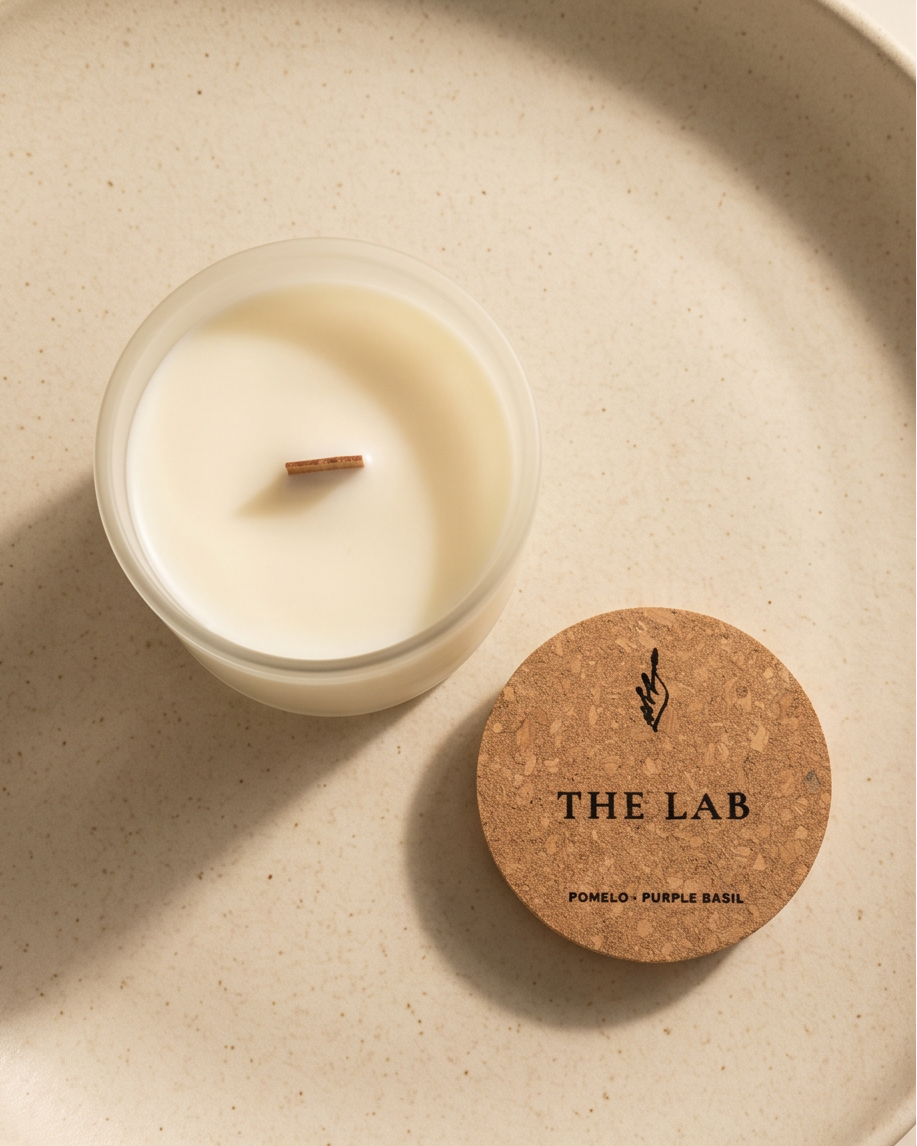 Overhead flat lay of The Lab limited-edition Pomelo and Purple Basil soy candle by The Phoenix Candles, cork lid removed and placed beside the open frosted clear vessel revealing a smooth ivory wax pour and FSC-certified wooden wick, lid laser-engraved with "The Lab – Pomelo, Purple Basil," photographed on a warm speckled stone surface with natural shadow.