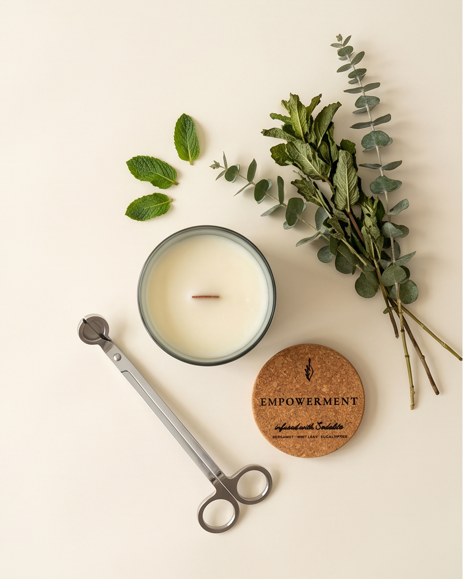 Overhead flat lay of the Empowerment crystal-infused soy candle by The Phoenix Candles, open matte cloud blue vessel with wooden wick centered, cork lid laser-engraved "Empowerment – Infused with Sodalite, Bergamot, Mint Leaf, Eucalyptus" placed to the lower right, alongside a stainless steel wick trimmer, fresh mint leaves, and a bundled eucalyptus and mint sprig arrangement on a warm cream background.