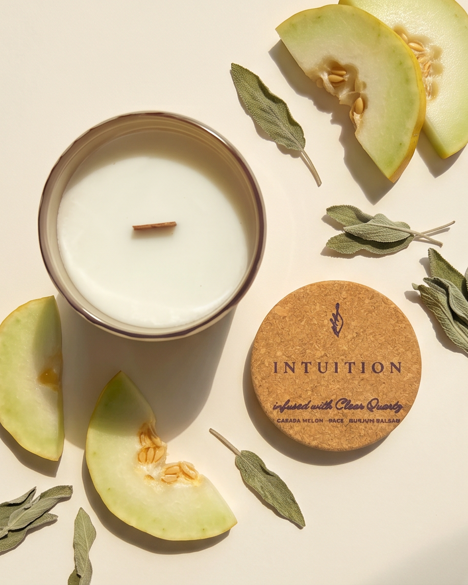 Overhead flat lay of the Intuition crystal-infused soy candle by The Phoenix Candles, open matte stonewashed vessel with wooden wick centered, cork lid laser-engraved with "Intuition – Infused with Clear Quartz, Casaba Melon, Sage, Balsam" placed to the lower right, surrounded by fresh casaba melon wedges and slices, dried sage leaves, and scattered sage sprigs on a warm cream background in natural light.
