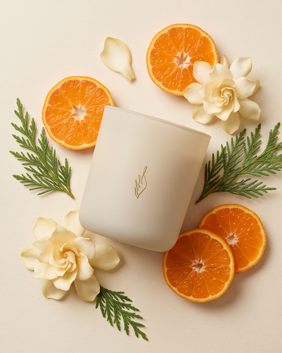 Overhead flat lay of the Perseverance soy candle by The Phoenix Candles in a matte cream vessel, surrounded by fresh mandarin orange slices, white gardenia blooms, and cypress sprigs representing the candle's three key Aromachology scent notes, on a warm cream background.