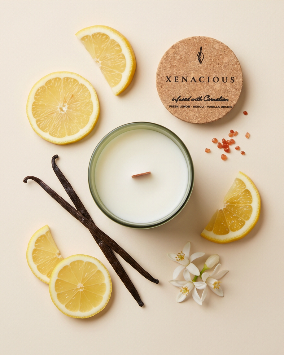 Overhead flat lay of the Xenacious crystal-infused soy candle by The Phoenix Candles, open matte sage green vessel with wooden wick centered, cork lid laser-engraved with "Xenacious – Infused with Carnelian, Fresh Lemon, Neroli, Vanilla Orchid" placed to the upper right, surrounded by halved and sliced lemons, dried vanilla bean pods, small white neroli blossoms, and scattered Carnelian gemstone chips on a warm cream background.