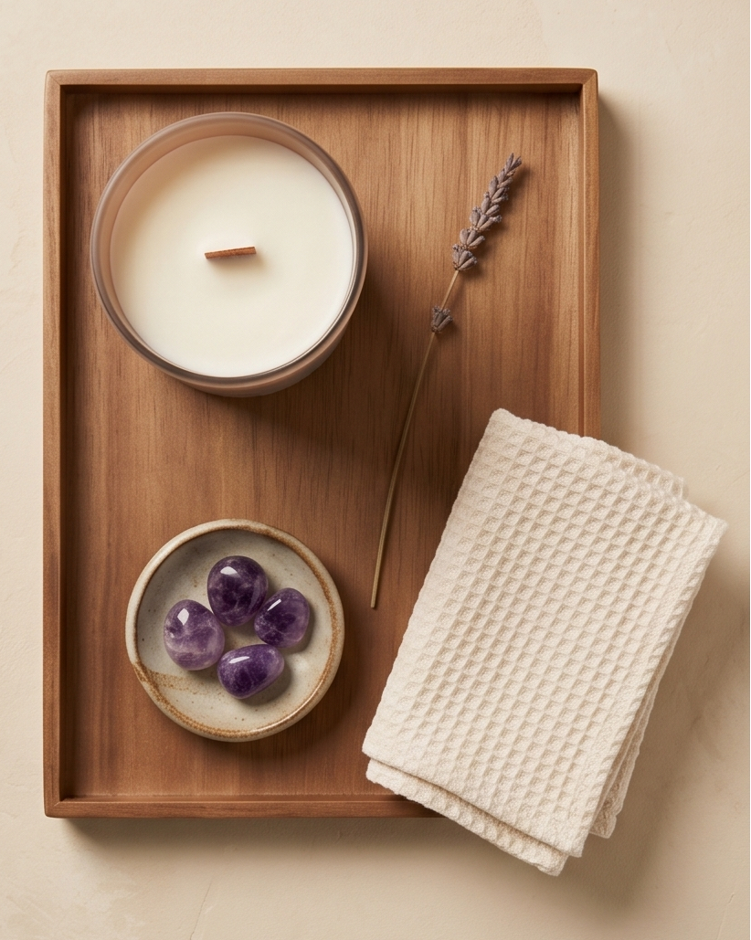 Overhead lifestyle flat lay of the Nurture crystal-infused soy candle by The Phoenix Candles in an open matte blush vessel with wooden wick, displayed on a walnut wood tray alongside a ceramic dish holding four tumbled Amethyst crystals, a dried lavender stem, and a folded cream waffle-knit towel, on a warm cream surface.