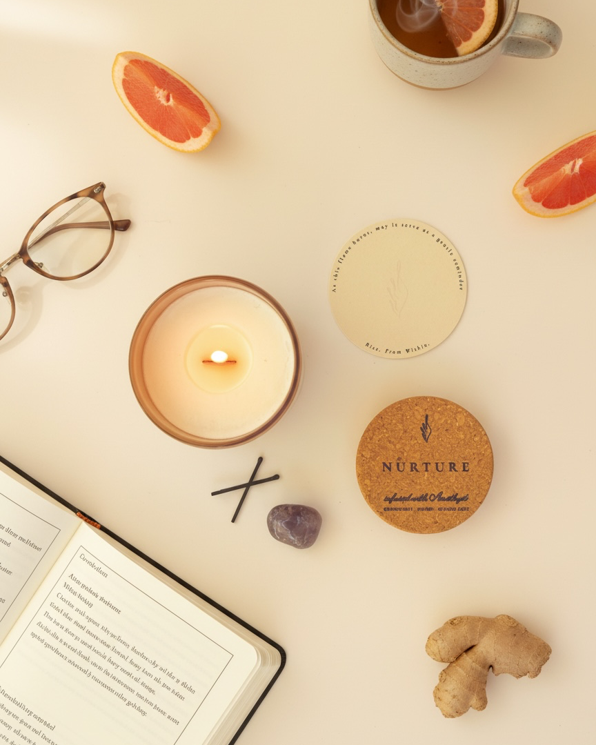 Overhead lifestyle flat lay of the Nurture crystal-infused soy candle by The Phoenix Candles burning in a matte blush vessel, cork lid laser-engraved "Nurture – Infused with Amethyst, Grapefruit, Amber, Ginger Zest" and branded round card reading "Rise. From Within." arranged alongside a tumbled Amethyst crystal, black matches, fresh grapefruit slices, a ginger root, a steaming mug of tea with a grapefruit slice, an open journal, and reading glasses on a warm cream surface.