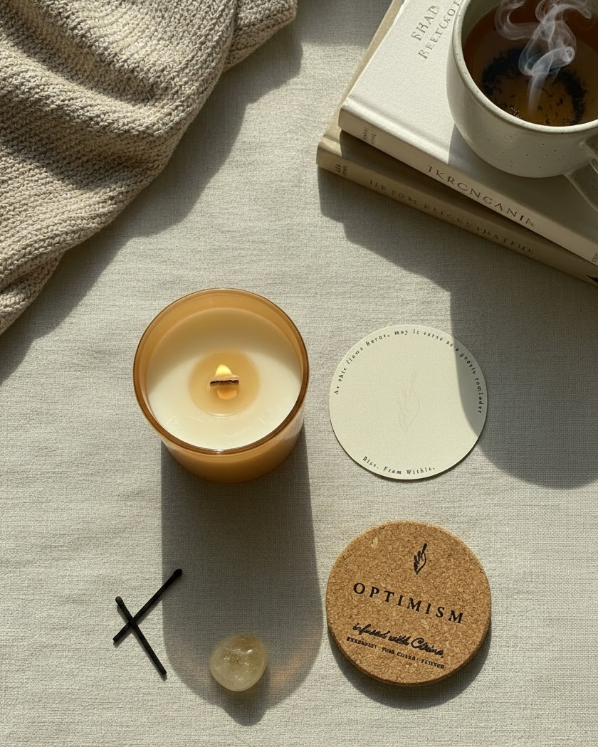 Overhead lifestyle flat lay of the Optimism crystal-infused soy candle by The Phoenix Candles burning in a matte peach vessel, cork lid laser-engraved "Optimism – Infused with Citrine, Bergamot, Pink Guava, Vetiver" and branded round card reading "Rise. From Within." arranged alongside a raw Citrine crystal, black match sticks, a steaming ceramic mug on a stack of books, and a draped chunky knit throw, on a soft linen surface in warm natural light and shadow.