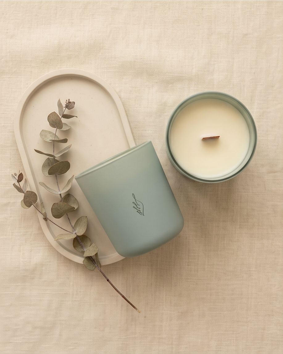 Overhead lifestyle flat lay showing both sizes of the Empowerment crystal-infused soy candle by The Phoenix Candles — the 12oz lidded matte cloud blue vessel with laser-engraved brand logo resting on an oval ceramic tray with a dried eucalyptus stem, alongside the open 8oz vessel showing ivory soy wax and FSC-certified wooden wick, on a natural woven linen surface.