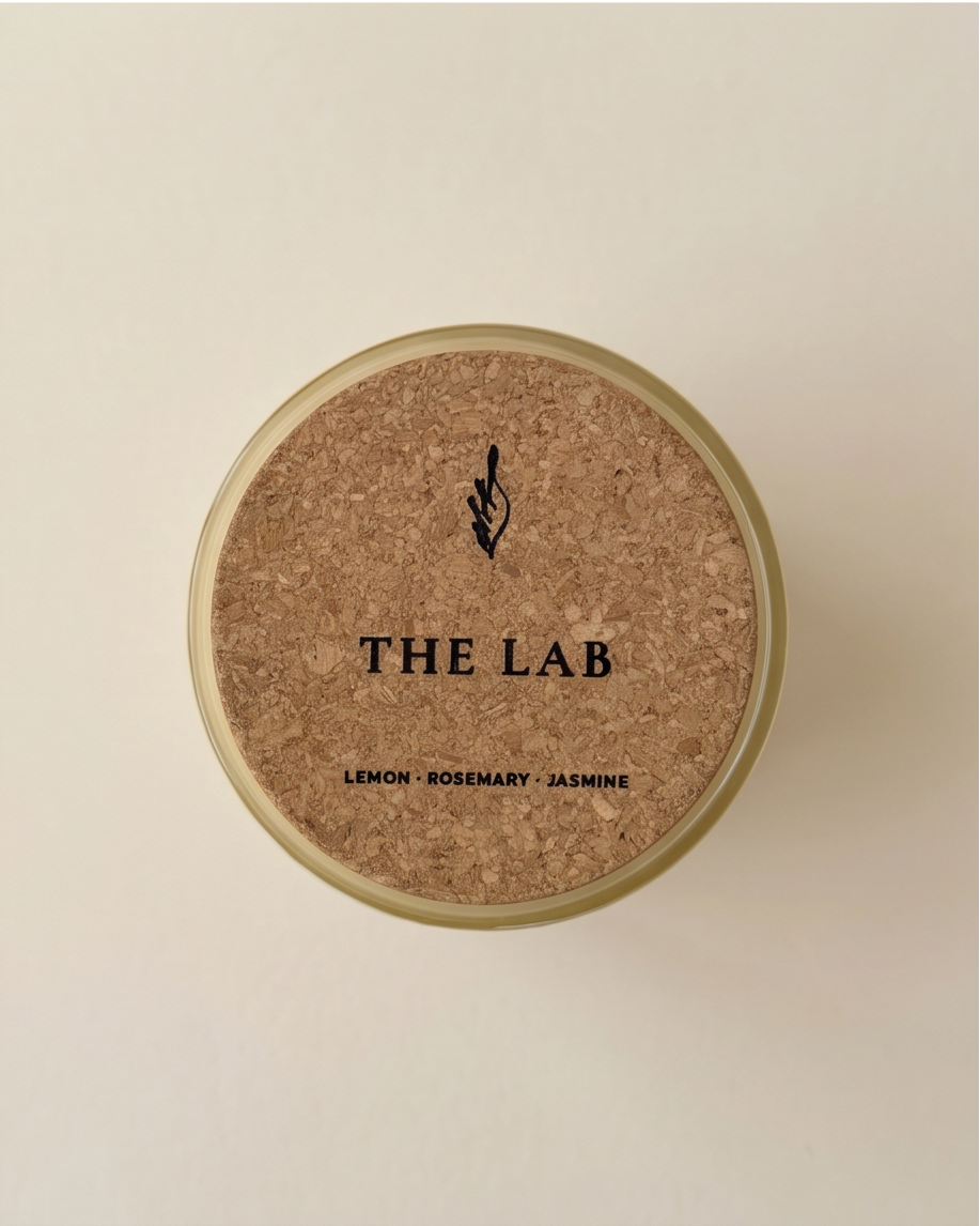 Overhead view of The Lab limited-edition soy candle by The Phoenix Candles, showing a natural cork lid engraved with the brand flame logo, "The Lab," and scent notes Lemon, Rosemary, and Jasmine, resting on a frosted clear glass vessel against a warm cream background.