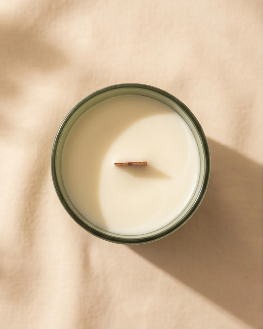 Overhead view of the Xenacious crystal-infused soy candle by The Phoenix Candles, looking down into the open matte sage green vessel revealing a smooth ivory soy wax pour and FSC-certified wooden wick, on a warm cream draped fabric surface with natural leaf shadows falling across the background.