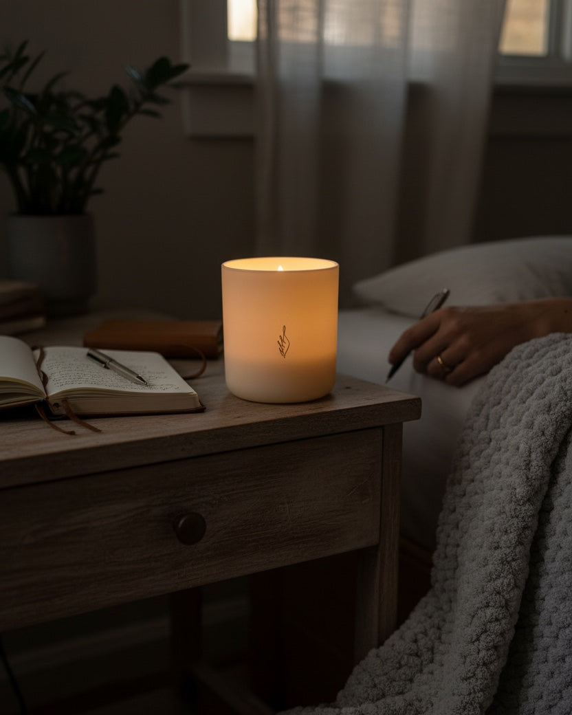 Lit Perseverance aromachology soy candle on a bedside table beside a journal and cozy blanket at night