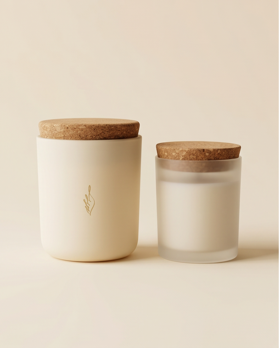 Side-by-side comparison of two The Phoenix Candles soy candle vessels with cork lids — the larger PHOENIX collection candle in a matte cream glass jar with gold engraved flame logo on the left, and the smaller The Lab limited-edition candle in a frosted clear glass vessel on the right, photographed against a warm cream background.